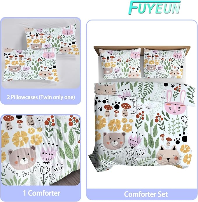 Floral Cat Bedding Full Size Cartoon Cats Comforter Set for Girls Boys Kids Teen Children Green Animals Print Bedroom Dorm Quilt 1 Comforter + 2 Pillow Cases