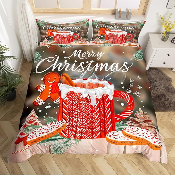 Manfei Christmas Duvet Cover Set King Size, Snowflake Pine Print Comforter Cover with 2 Pillowcases, New Year Theme Bedding Set 3pcs for Kids Boys Girls Bedroom Decor,No Comforter