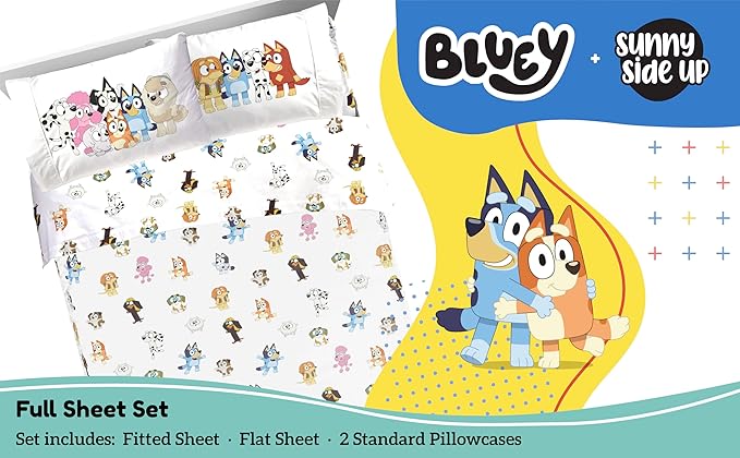 Sunny Side Up Bluey & Friends Full Sheet Set - 4 Piece Kids Bedding Set Includes Pillow Cover - Super Soft Microfiber Sheets