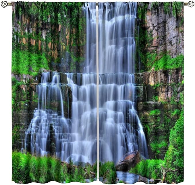 Nature Scenery Waterfall Blackout Curtains, Forest Waterfall Landscape Green Jungle Stone Falls Print Pattern Rod Pocket Window Drapes, for Bedroom Living Room 55" W X 63" L