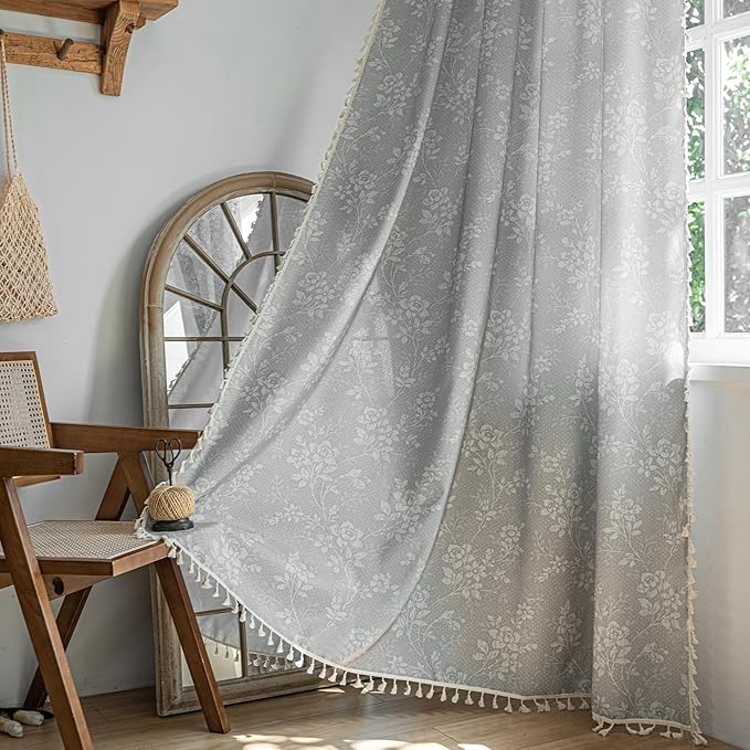 ENJOYBRIDAL Floral Curtains 96 Inches Long Grey Light Filtering Drapes Rod Pocket Bedroom Living Room Semi Sheer Window Curtains 2 Panel Sets Farmhouse Boho Cute Window Treatments