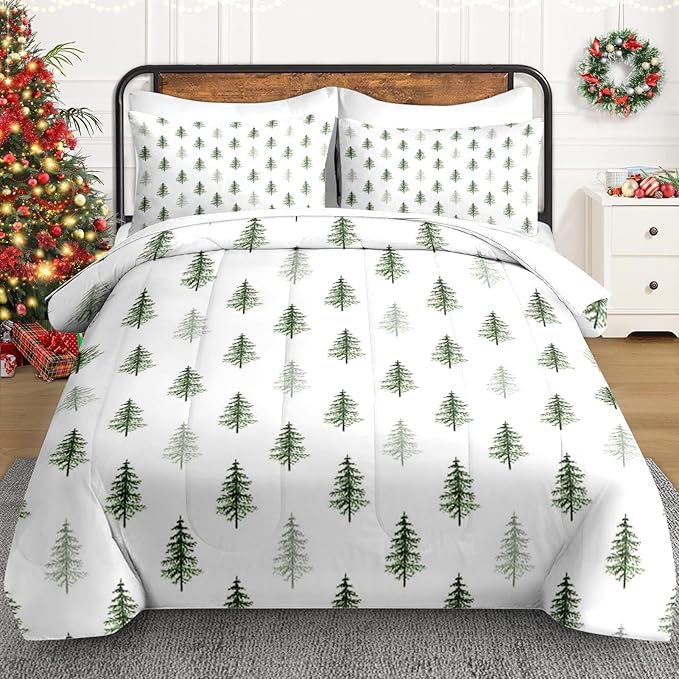 7 Pcs King Size Christmas Comforter Set with 2 Pillowcases & 2 Shams, Nature Simple Pine Tree Bedding for Kids and Adults, Winter Merry Xmas Bed in a Bag with Flat Fitted Sheet