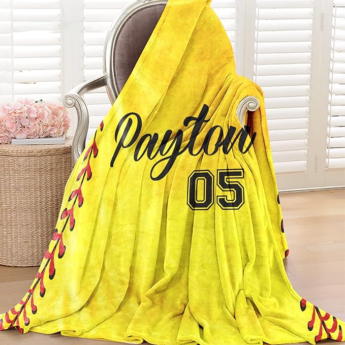 Personalized Softball Kids Blanket with Naumber and Name - Custom Sport Bed Blankets Gift for 0-3 Months Baby Essential - Super Warm and Comfortable 30x40inch