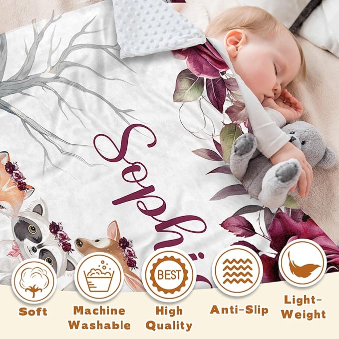 Custom Baby Blanket with Name, Double Layer Soft Dot Back Personalized Baby Blanket for Boys Girls, Woodland Blanket for Newborn Toddler, Customized Swaddle for Kids Birthday Gifts(60" x80)