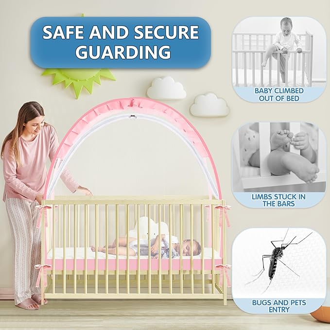 Crib Tent - Crib Net to Keep Baby in - Stop Baby from Climbing Out of Crib, Pop Up Crib Tent with Durable Breathable Net Double Zipper Strong Rods Installation (Pink, Large)