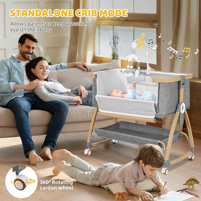 Bassinet Bedside Sleeper,Bedside Bassinet,Rocking Bassinet,3 in 1 Baby Bassinet with Mattress,Mobile,Mosquito Net,Storage Basket,6-Height Adjustable Portable Bassinet with Wheels for Newborn Infants