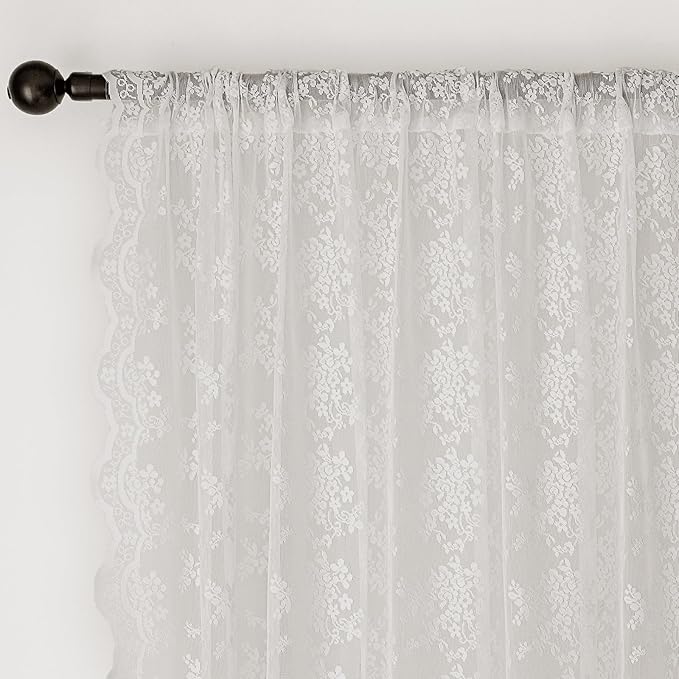 Anmao Vintage Lace Valance Kitchen Curtains 36 Inches Long 2 Panels, Semi Sheer Floral Over Sink Lacy Cafe Curtain, Elegant Window Short Small Drapes, 55W x 36L, White Plum