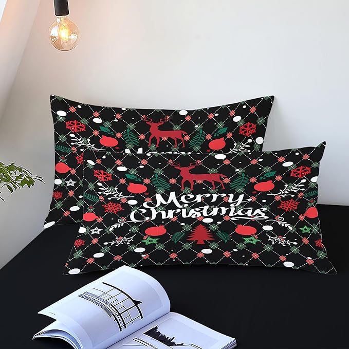 Christmas Duvet Cover Twin Size Black Christmas Tree Bedding Set 2 Pieces Kids Boys Girls Happy Holiday Xmas Comforter Cover with Zipper Closure and 1 Pillowcase (No Comforter)