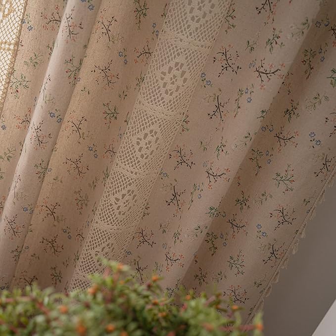 ENJOYBRIDAL Floral Curtains 84 Inch Length 2 Panels Crochet Lace Patchwork Drapes Semi-Sheer Boho Tassel Bedroom Living Room Farmhouse Beige Country Rustic Rod Pocket Window Curtain Panels
