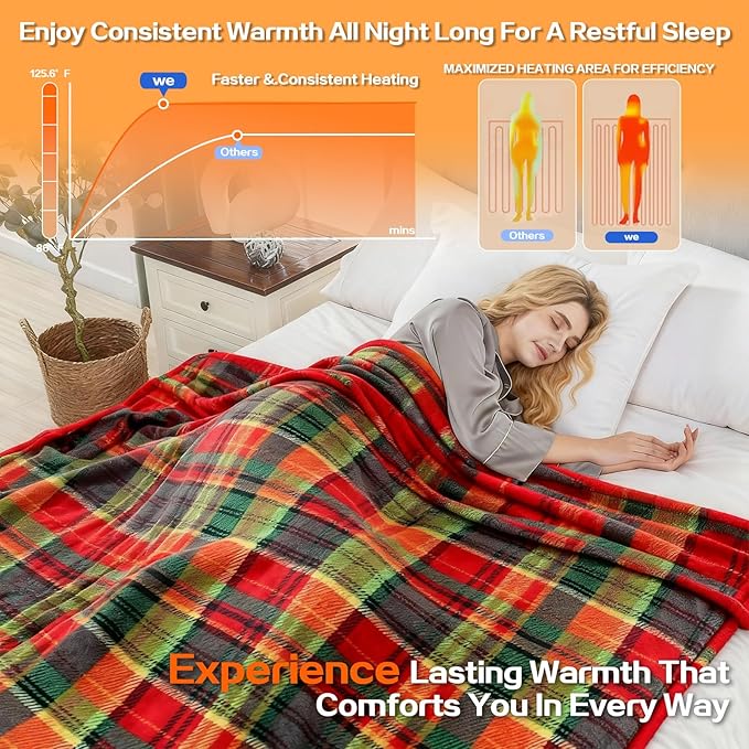 Electric Blanket Heated Twin, Soft Flannel 62"x84" Plaid Heating Blanket with 8 Hours Auto Off 10 Fast Heating Levels Machine Washable Sherpa Heated Blanket with Overheating Protection
