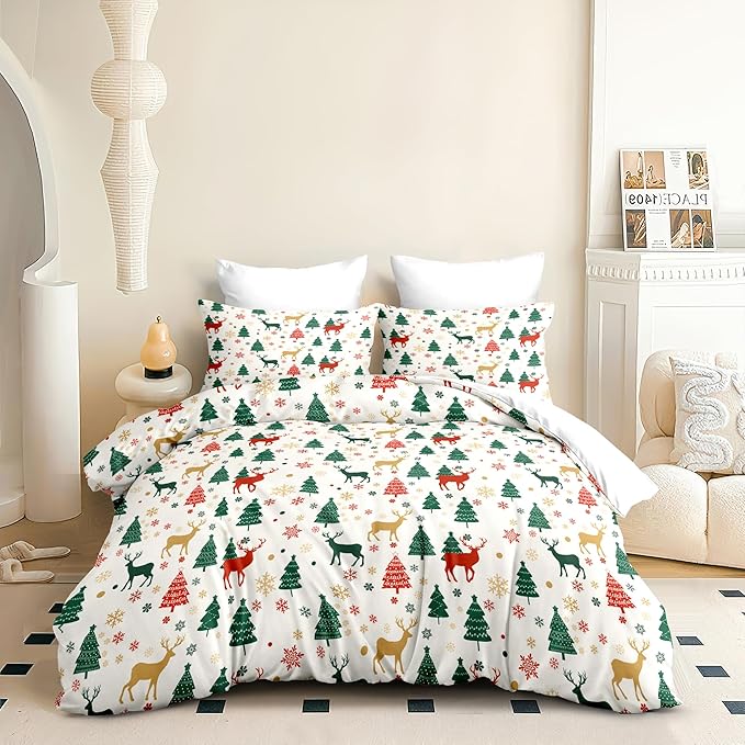 Christmas Duvet Cover Twin Size Green Christmas Tree Bedding Set Kids Boys Girls Xmas Deer Pattern Comforter Cover 2 Pcs with Zipper Closure (No Comforter)