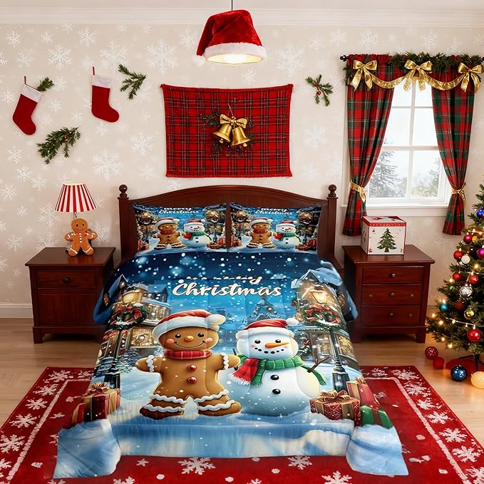 Gingerbread Man Girls Bedding Set Twin Size,Cute Snowman Merry Christmas Comforter Set,Snowflake Winter Xmas Poinsettia Quilt Comforter Girls Boys Teens,Blue Brown Room Decor All Season,1 Pillowcase