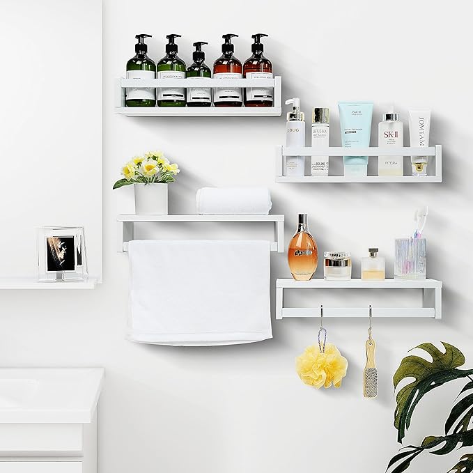 Ollieroo Set of Four Floating Book Shelves for Wall, Nursery Book Shelf for Kids Room, Bamboo Wood Hanging Bookshelf for Baby Teen Boys Girls, Wall Mounted Shelves for Bedroom Bathroom Decor(White)