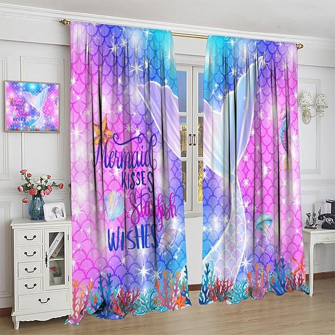 Kids Fantasy Mermaid Curtains Dream Colorful Mermaid Fish Tail Scale Fantasy Ocean Theme Window Treatment for Girls Bedroom Nursery Room Decor Window Drapes 63" W X 72" L