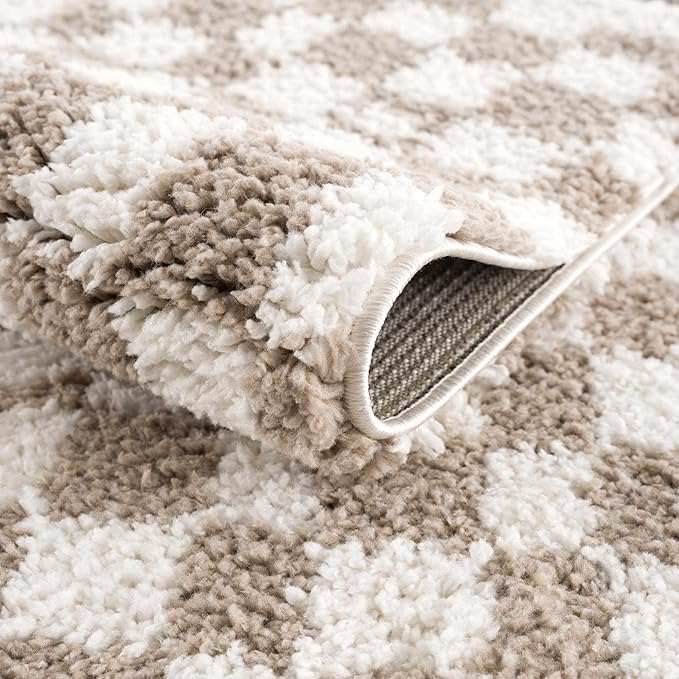 Hauteloom Kieu Contemporary Checkered Fluffy Shag Area Rug - Modern Geometric Soft Carpet Tiles for Living Room, Kids Room, Nursery - Gray, Taupe, White - 8'10" x 12'