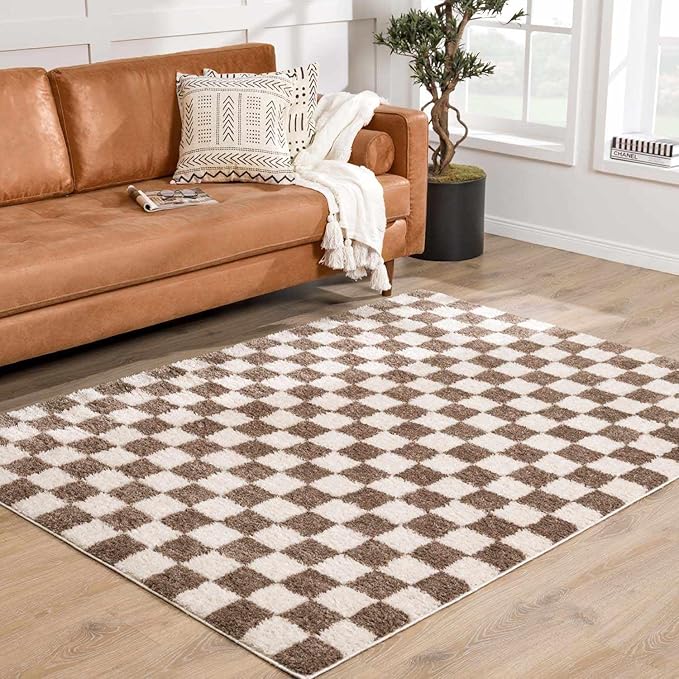 Hauteloom Canika Modern Checkered High Pile Area Rug - Contemporary Geometric Carpet for Living Room, Bedroom - Machine Washable Area Rug - Peach, Dark Brown - 6'7" x 9'