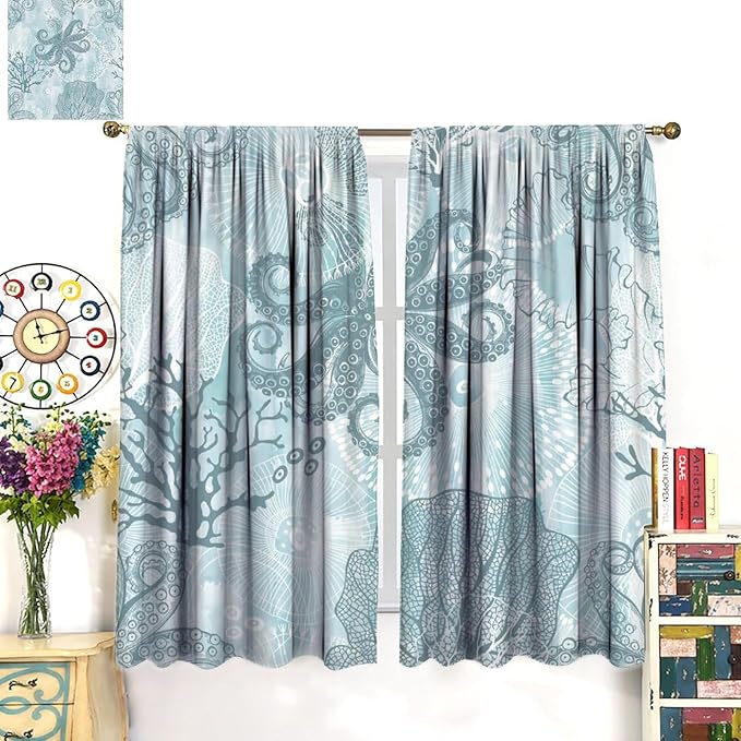 Coastal Window Curtains,Nautical Beach Themed Thermal Insulating Blackout Curtain for Living Room, Bedroom Set 2 Panels,72x63 Inches
