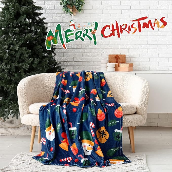 Buryeah 4 Pack Christmas Throw Blankets Bulk Snowman, Igloo, Santa Claus, Bells, Xmas Tree Soft Cozy Christmas Plush Flannel Blanket for Sofa, Bed, Couch, Home Decor Xmas Supplies, 50 x 60 Inches