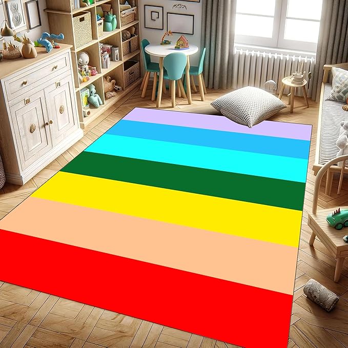 Soft Rainbow Area Rugs Girl's Bedroom Fluffy Colorful Rugs Furry Kids Play Mats Simple Rainbow Line Print Living Room Kids Room Nursery Home Decor 3x5ft