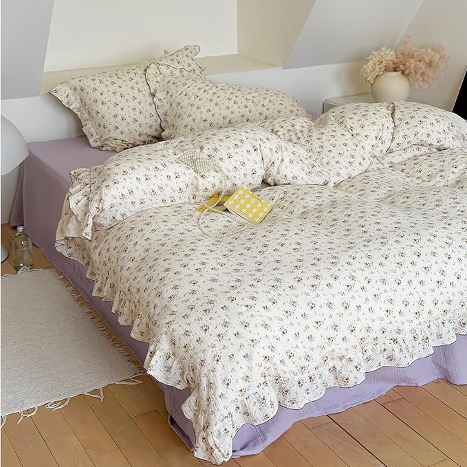 BuLuTu Cottage Floral Duvet Cover King, Soft Breathable Muslin Cotton Comforter Cover 90"x104", Princess Ruffles Bedding Quilt Covers, Zipper Closure,4 Ties, Crapemyrtle Print, No Pillow