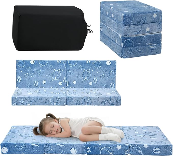 MeMoreCool Foldable Floor Mattress for Kids, Glow Toddler Nap Mat for Sleeping and Daycare, Portable Trifold Futon Mattress Floor Bed, Blue Space