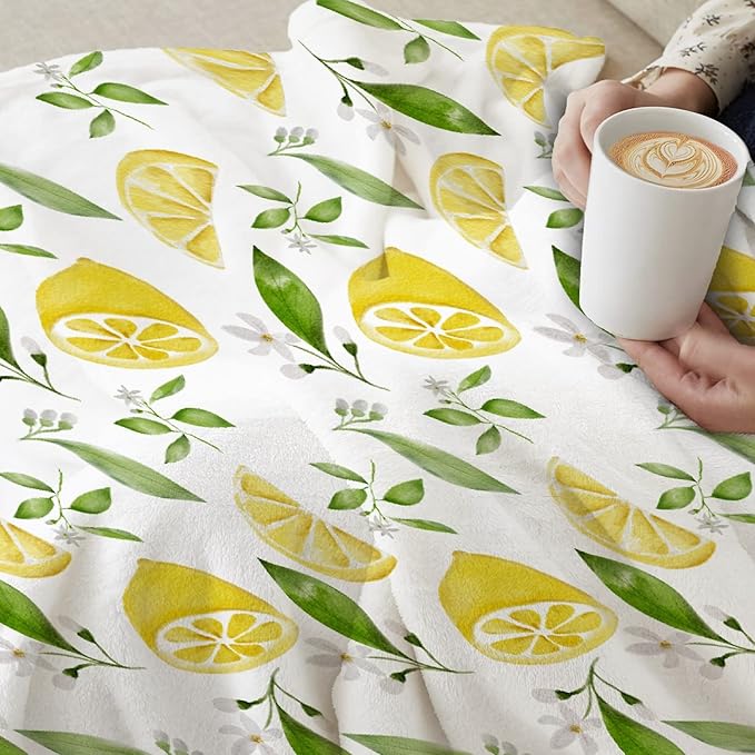 Thuswarm Watercolor Lemon Fruit Print Flannel Throw Blanket Warm Cozy Soft Funny Print Blankets for Bed Couch Sofa Room Decoration Gifts 60”×50” Medium for Teen