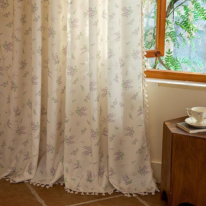 ENJOYBRIDAL Purple Floral 63 Inch Curtains for Living Room Decor Drapes Semi Sheer Bedroom Rod Pocket Short Window Curtains 2 Panels Tassel Aesthetic Farmhouse Cute Boho Window Treatments