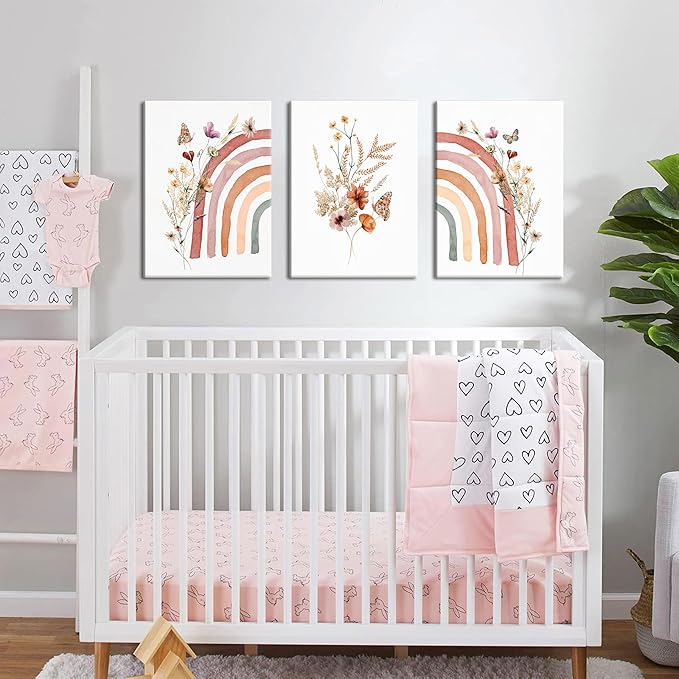 AKWISH Boho Rainbow Wall Art for Girls Room - Set of 3 Framed Wildflower Canvas Prints for Nursery, Baby Girl Room, Kids or Dorm Decor - Soft Pastel Botanical Bohemian Wall Decor 12x16in