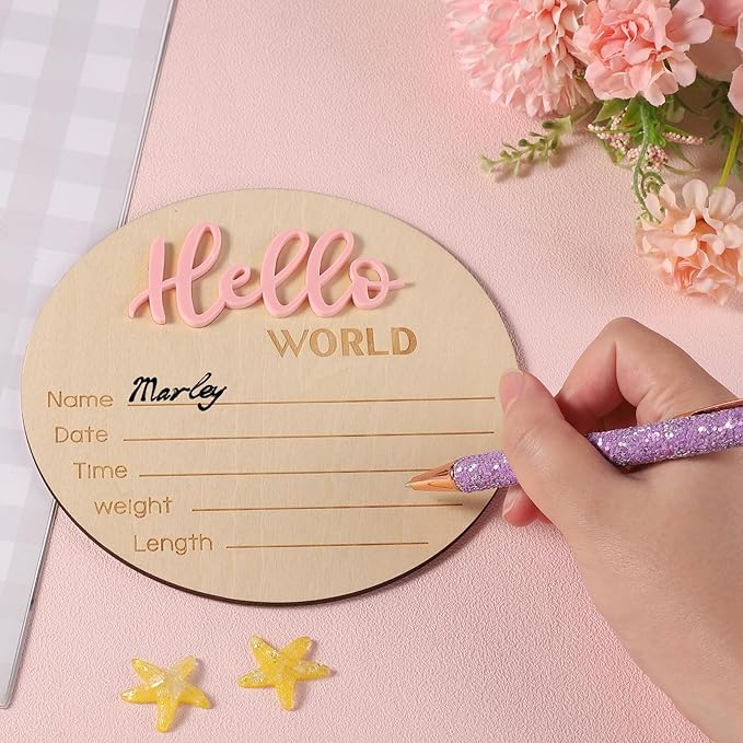 Newborn Announcement Sign, 5.9in Wooden Hello World Baby Welcome Sign Birth Baby Name Plaques for Newborn Boys and Girls Photo Props Shower Hospital Nursery (Light Pink)