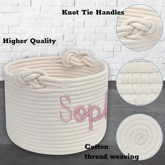 Custom Pet Toy Basket - Personalized Dog & Cat Storage with Handles - Rope Woven Pink Bin