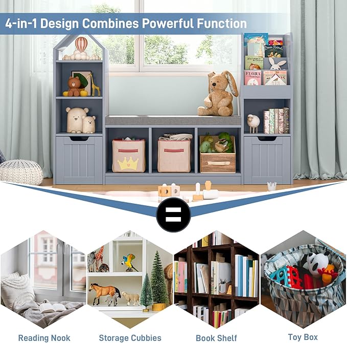 Kids Bookcase with Reading Nook, Bench Kids Bookshelf with 7 Storage Cubbies and 2 Movable Drawers, Multi-Purpose Toy Storage Organizer with Seat Cushion for Playroom, Bedroom, Living Room, Grey