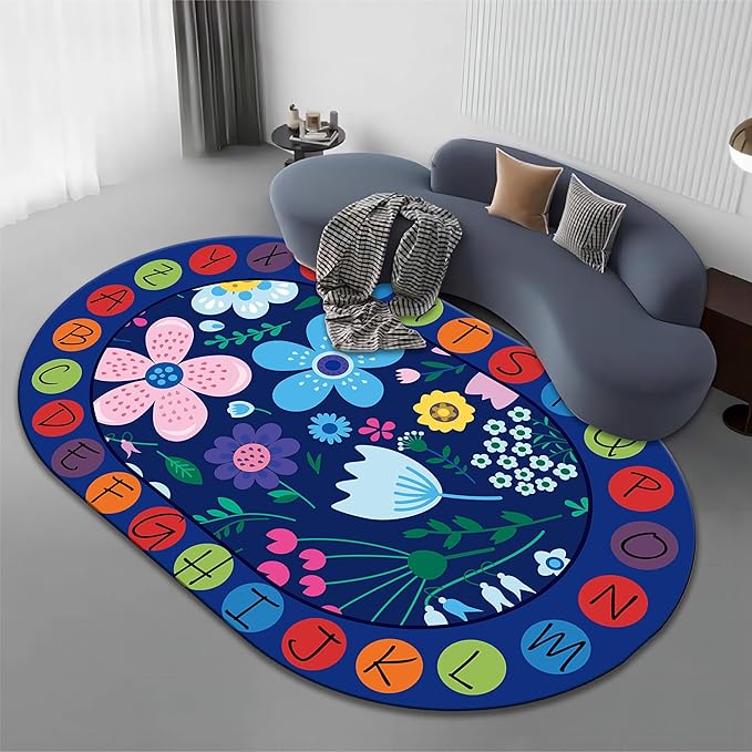 Kids Educational Oval Rug, 6x8ft, ABC Alphabet Learning Play Mat, Cute Colorful Flowers Plants Designs Rugs, Non-Slip Washable Carpet for Bedside Boys Girls Teens Room Nursery Decor Floor Mat