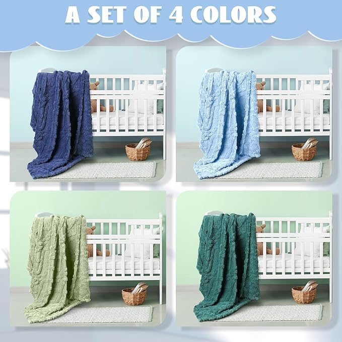 VitalCozy 4 Pcs Soft Fleece Baby Blankets Set 30" x 40" 3D Plush Warm Nursery Swaddling Bed Blanket Little Boys Girls Infant Toddlers and Newborn Receiving Gifts Blankets(Blue,Green)