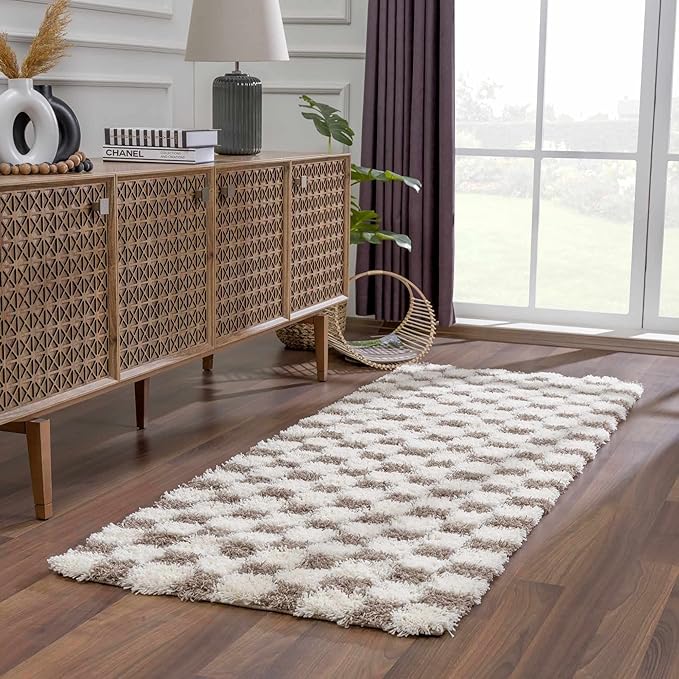 Hauteloom Atira Contemporary Checkered Fluffy Shag Area Rug - Modern Geometric Carpet Tiles for Living Room, Kids Room, Nursery - Plush Pile - Cream, Brown - 18" Sample