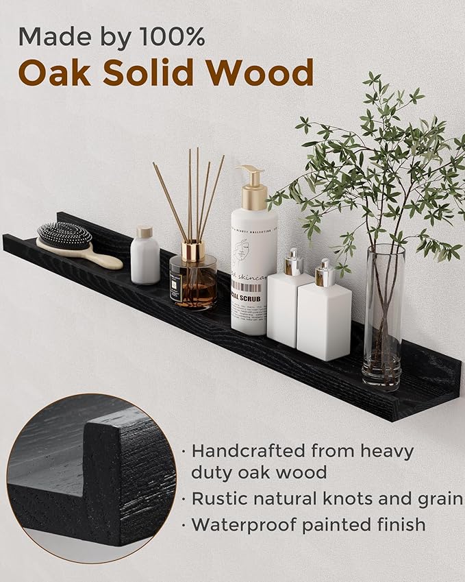 Axeman Oak Picture Ledge Shelf, 48 Inch Floating Shelves Set of 2, Solid Oak Wood Wall Shelves with Lip, Wall Decor Storage for Bedroom Living Room Bathroom Kitchen Nursery Photo Picture, Black