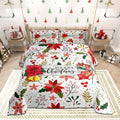 Castle Fairy Merry Christmas Full Size Comforter Set,Red Xmas Flowers Berry Leaves Plant Bedding Comforters Bedroom Collection,Floral Themed Bell Socks Print Bedding Set for Girls Teens