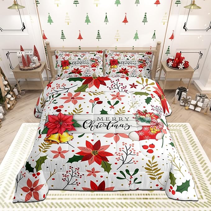 Castle Fairy Merry Christmas Full Size Comforter Set,Red Xmas Flowers Berry Leaves Plant Bedding Comforters Bedroom Collection,Floral Themed Bell Socks Print Bedding Set for Girls Teens
