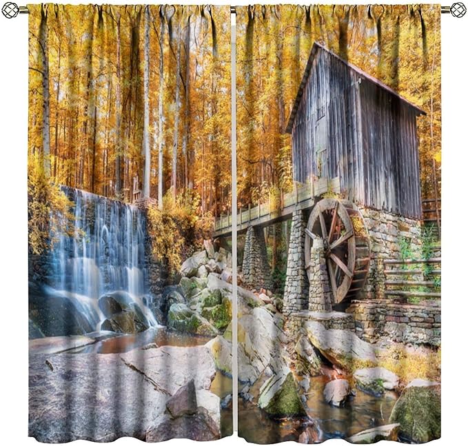 Autumn Waterfall Blackout Curtains, Landscape Fall Waterfall Outdoor Nature Art Window Drapes, for Bedroom Living Room 42" W X 45" L