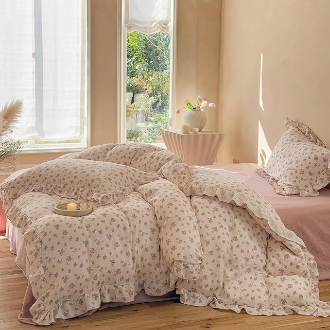 BuLuTu 2 Layers Muslin Cotton Duvet Cover for Full Bed, Chic Ruffles Tuberose Floral Pattern Comforter Cover Twin Children Bedding Quilt Covers, No Pillow Case, Zipper Cloruse, 4 Ties