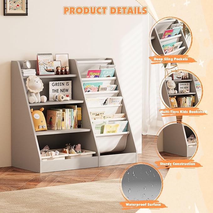NACHES Montessori Kid Bookshelf Toddler Bookcase Cabinet Children Book Rack Display Toy Storage Organizer 4 Tier 5 Sling Deep Sleeves Classroom Bedroom Nursery Playroom Wood (Grey)