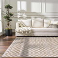 Hauteloom Pertek Modern Checkered Area Rug - Modern Geometric Carpet for Living Room, Kids Room, Nursery - Bohemian Boho Carpet - Cream, Beige, Gold - 6'7" x 9'
