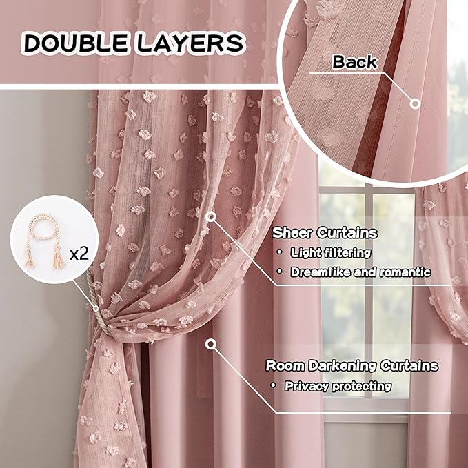 MYSKY HOME Double Layer Curtains for Girls Bedroom Kids Curtain Pink Pom Pom Sheer Window Curtains 2 Panels Pink Curtains Grommet Room Darkening Solid Nursery Curtains 63 Inches Length, W52 X L63