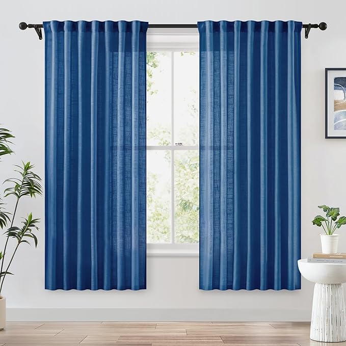 FMFUNCTEX Linen Semi Sheer Curtains 63 Inch Length for Bedroom, Navy Blue Pinch Pleated Curtains for Living Room, Light Filtering Farmhouse Window Drapes Rod Pocket Back Tab 2 Panels Set