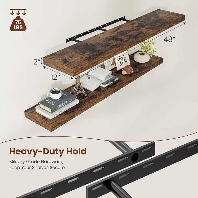 Vivelove 12" Deep Floating Shelves 24/36/48/55" Long, Wall Shelves for Living Room Bedroom Bathroom Kitchen Laundry Room, Farmhouse Rustic Shelves for Home Decor, 48" X 12" X 2" Set Of 2, Rustic Brown