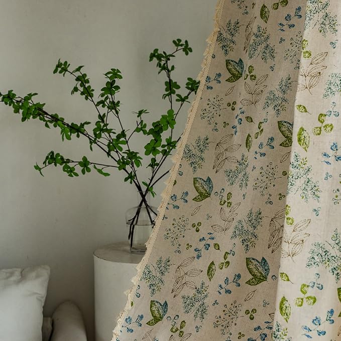 ENJOYBRIDAL Leaf Curtains 96 Inch Length 2 Panels Tassel Boho Semi Sheer Drapes Bedroom Living Room Farmhouse Floral Rustic Country Rod Pocket Cotton Linen Blend Window Curtain Panel