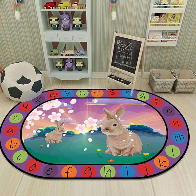 Rabbit Print Area Rug, 3x5ft, Bunny Sakura Flower Easter Floor Mat, Educational and Fun Rugs with ABC Alphabet, Non-Slip Washable Kids Play Mat for Boys and Girls Home Decor