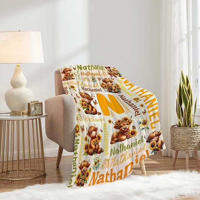 Personalized Custom Sunflower Highland Cow Blanket Gifts for Kids Boys Girls with Name - Customized Sunflower Highland Cow Super Soft Fuzzy Flannel Sheets Decor for Crib Nap Couch - 60"x80" for Adult