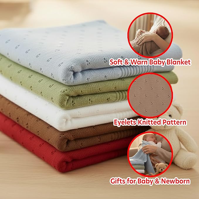 Baby Knit Blanket, 100% Cotton Eyelet Patterns, Soft, Cozy, Lightweight Swaddle for Newborn & Infant Swaddling Beige Neutral, Perfect Baby Shower Ideas Mocha 30x40