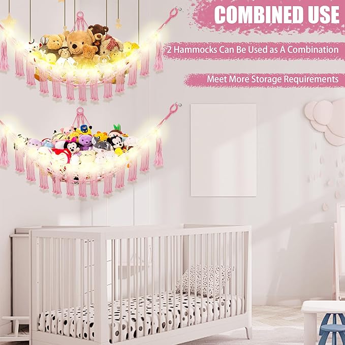 Stuffed Animal Hammock with LED Light, Large Stuffed Animals Storage Corner Plushie Net for Kids Room Decor, Jumbo Pink