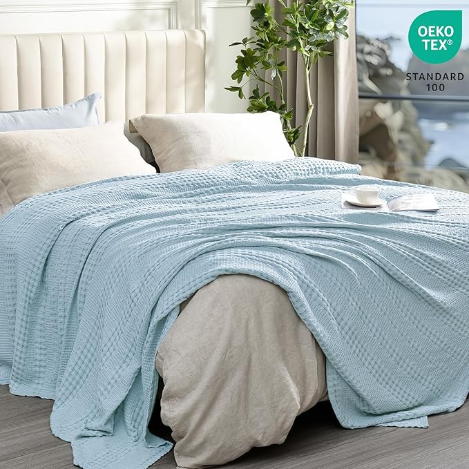 PHF Cooling Waffle Blanket King Size, Lightweight 60% Rayon Derived from Bamboo & 40% Cotton Breathable Blanket for Hot Sleepers, Soft and Luxury for Bed Couch and Sofa,104"x90",Sky Blue